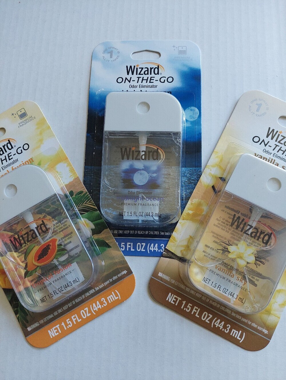 3 Pcs New Wizard On The Go Odor Eliminator Vanilla . Tropical . Midnight Ocean